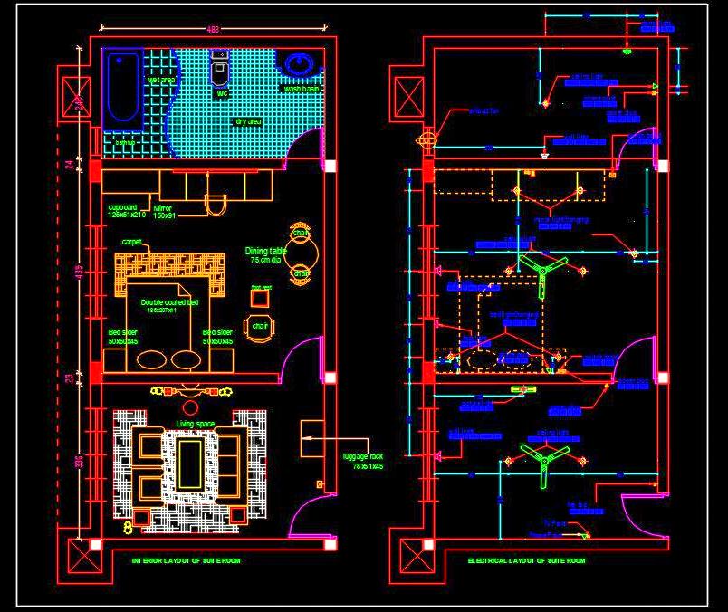 Hotel Suite Room Autocad Drawing- Interior & Electrical Plans